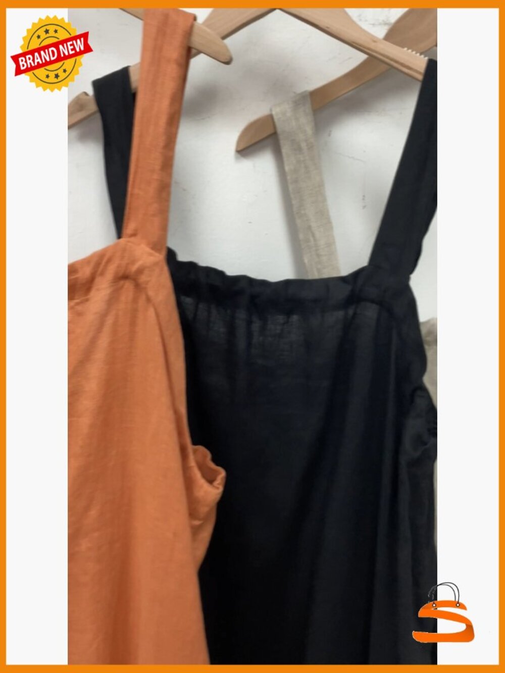 100% Linen Square Neck Sleeveless Tie Strap Midi Dress with Pockets - Picture 7 of 7
